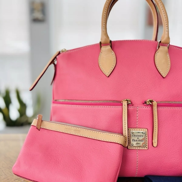 Dooney & Bourke Florentine Leather Dillen Satchel Bubble Gum Pink BAG & POUCH - Picture 2 of 10